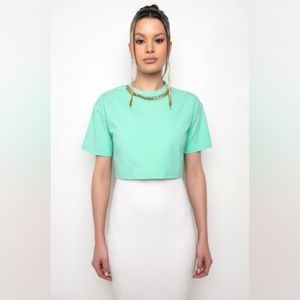 NWT AKIRA Hold The Drama Chain Cropped Tshirt,Size Large,Mint Green w/Rhinestone